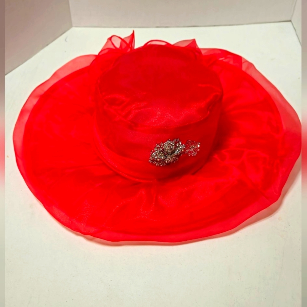 ``RH25934 - Red Flower Organza Brimmed Hat